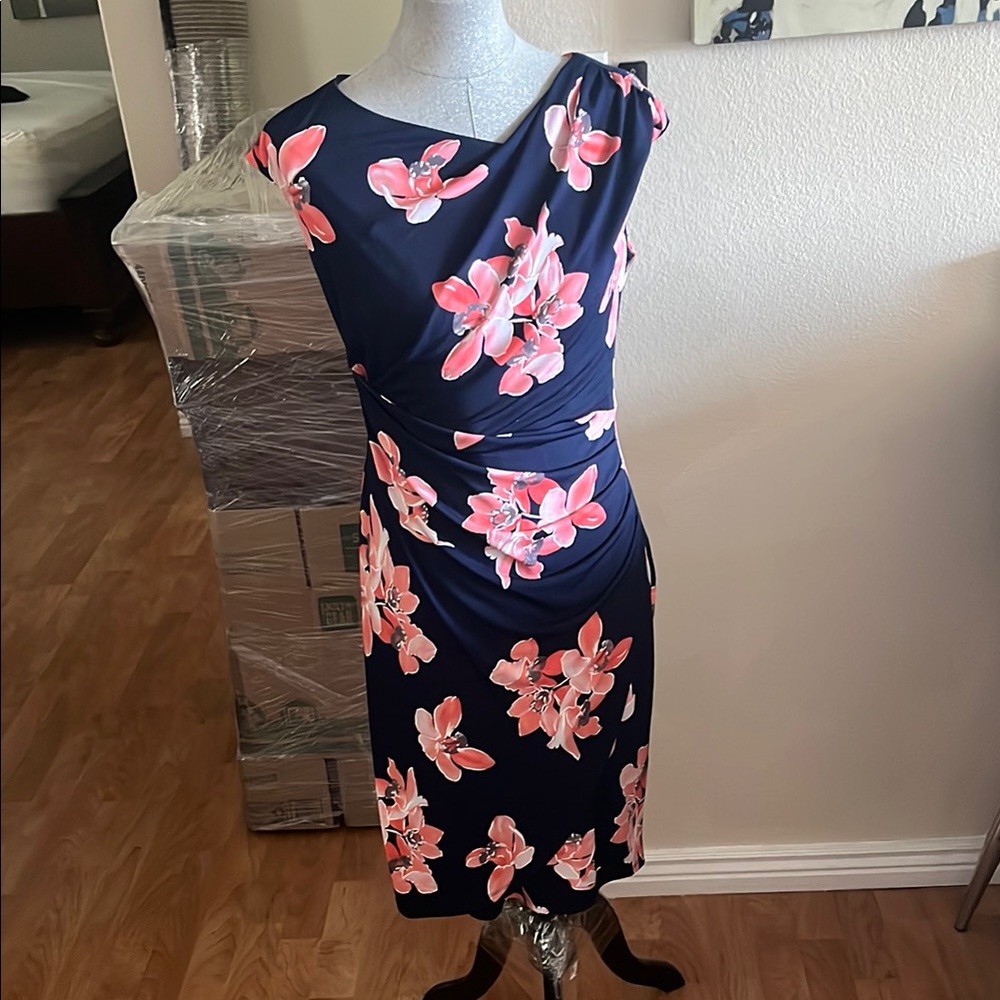 Connected Apparel Pink and Blue Ruched Sheath Dress